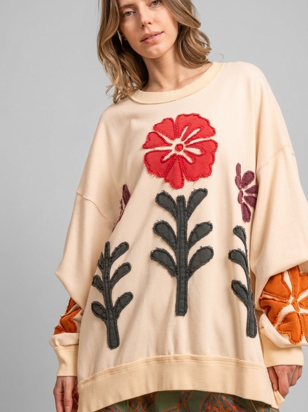 Cream Floral Patchwork Sweatshirt | Oversized Boho Flower Applique Pullover